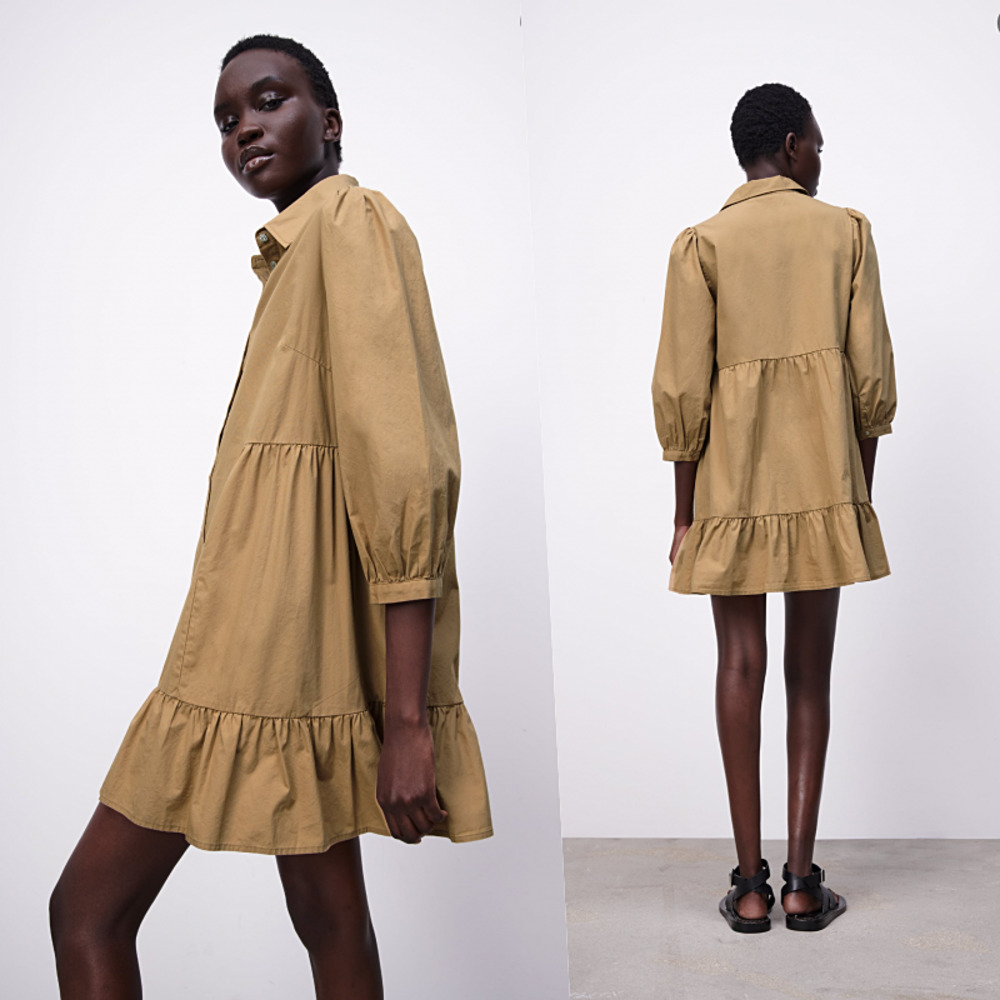 Zara Poplin Button Up Mini Shirt Dress Camel brown L